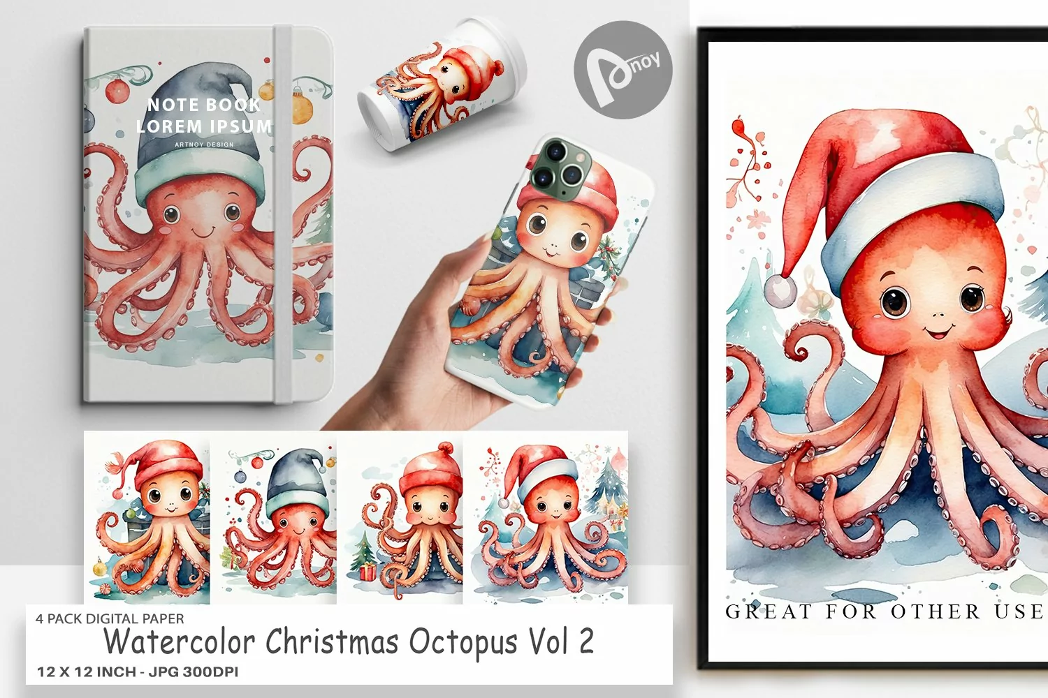 Digital Paper Watercolor Christmas Octopus product image 1