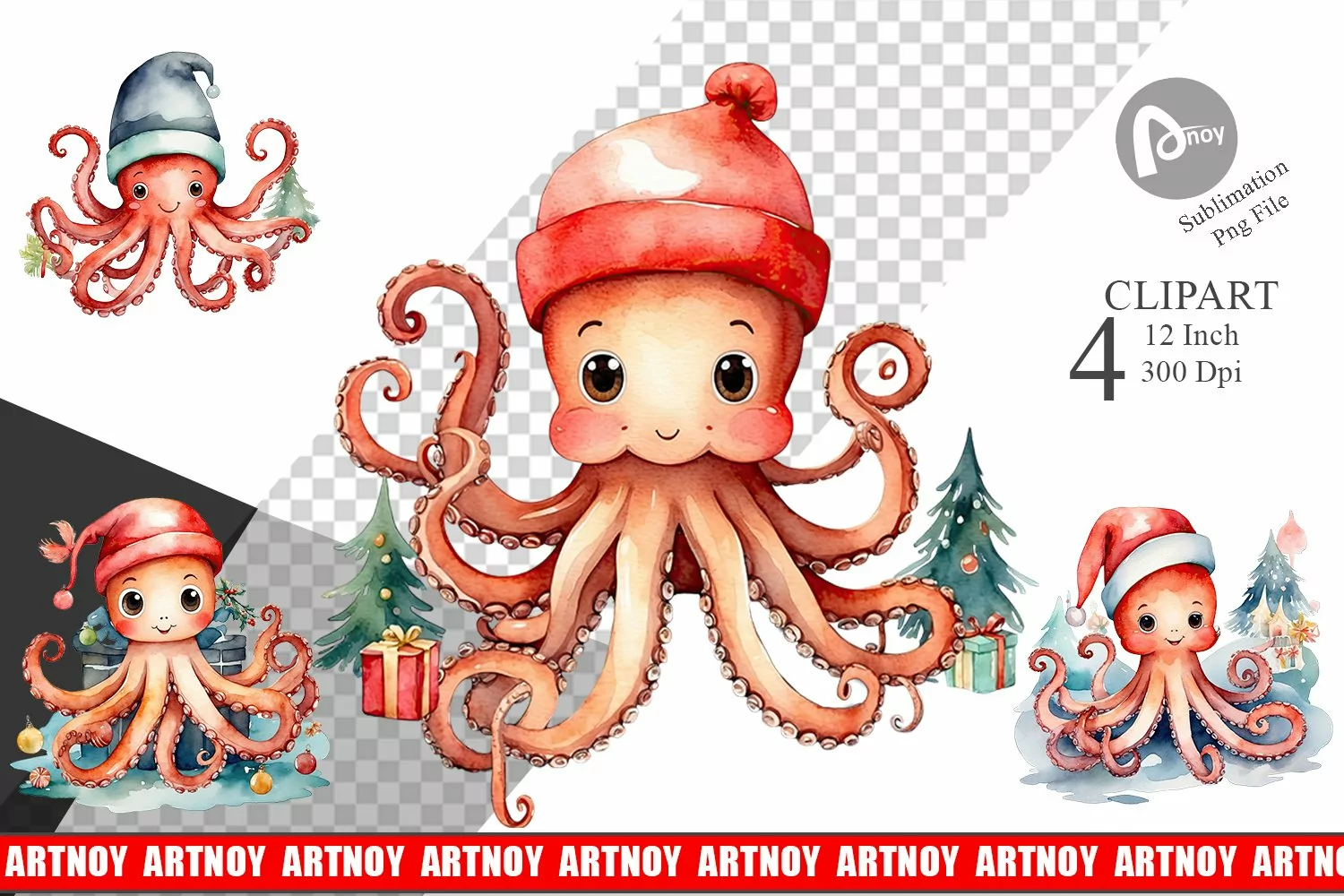Clipart Watercolor Christmas Octopus product image 1