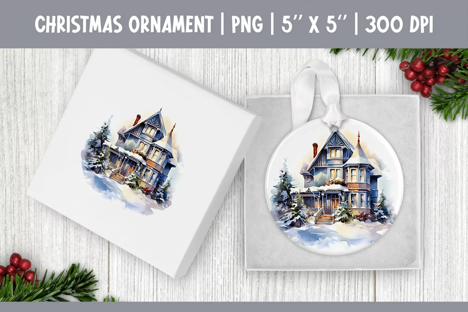 Watercolor Christmas House | Ornament Sublimation Design PNG product image 1