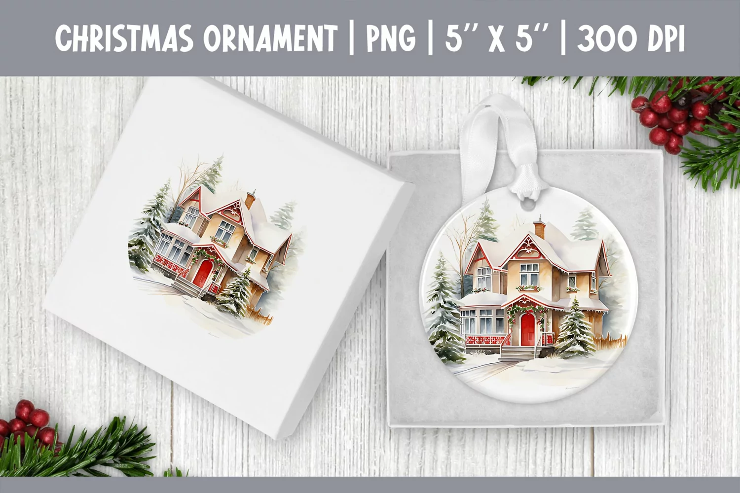 Watercolor Christmas House | Ornament Sublimation Design PNG product image 1