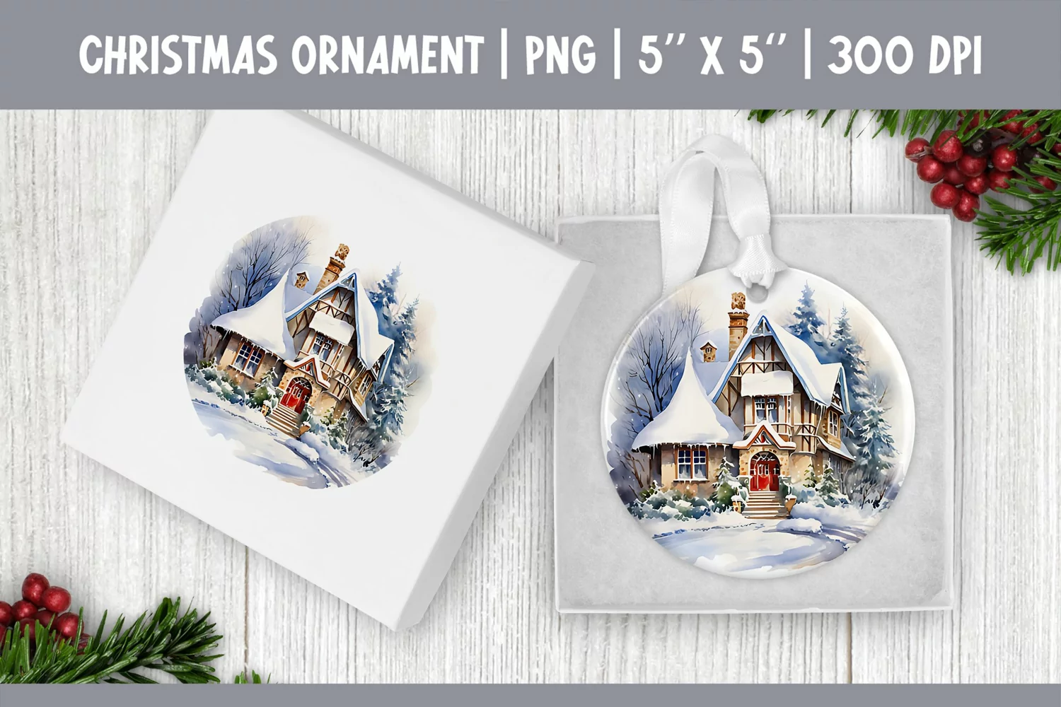 Watercolor Christmas House | Ornament Sublimation Design PNG product image 1