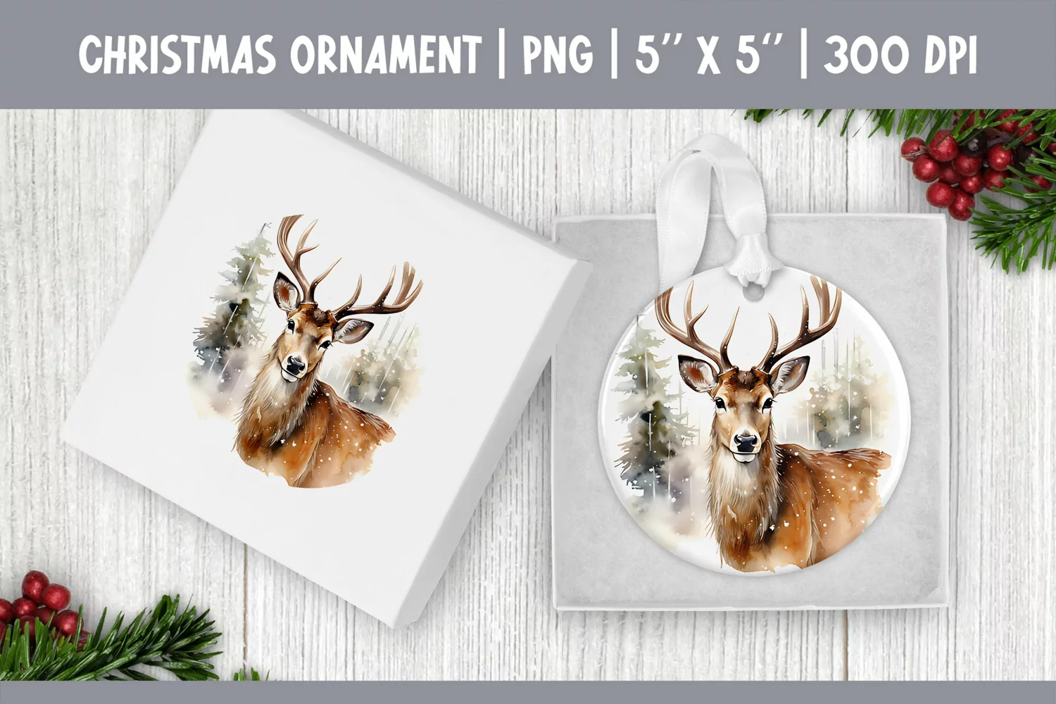 Watercolor Christmas Reindeer | Ornament Sublimation Design product image 1