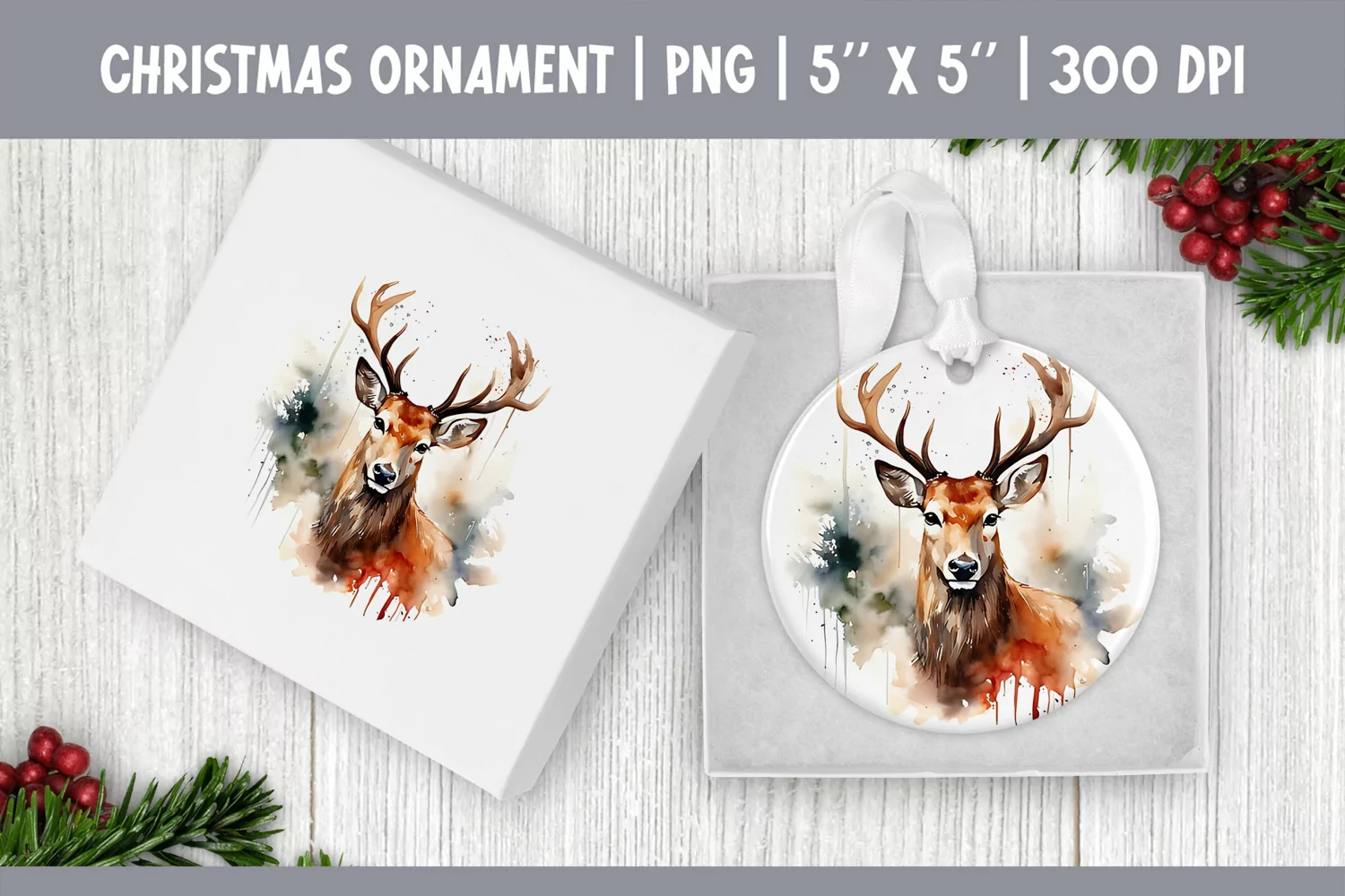 Watercolor Christmas Reindeer | Ornament Sublimation Design product image 1