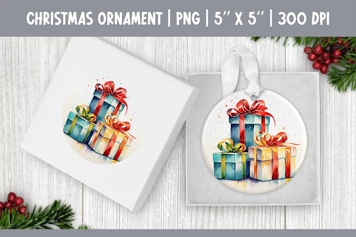 Watercolor Christmas Gift Box | Ornament Sublimation Design product image 1
