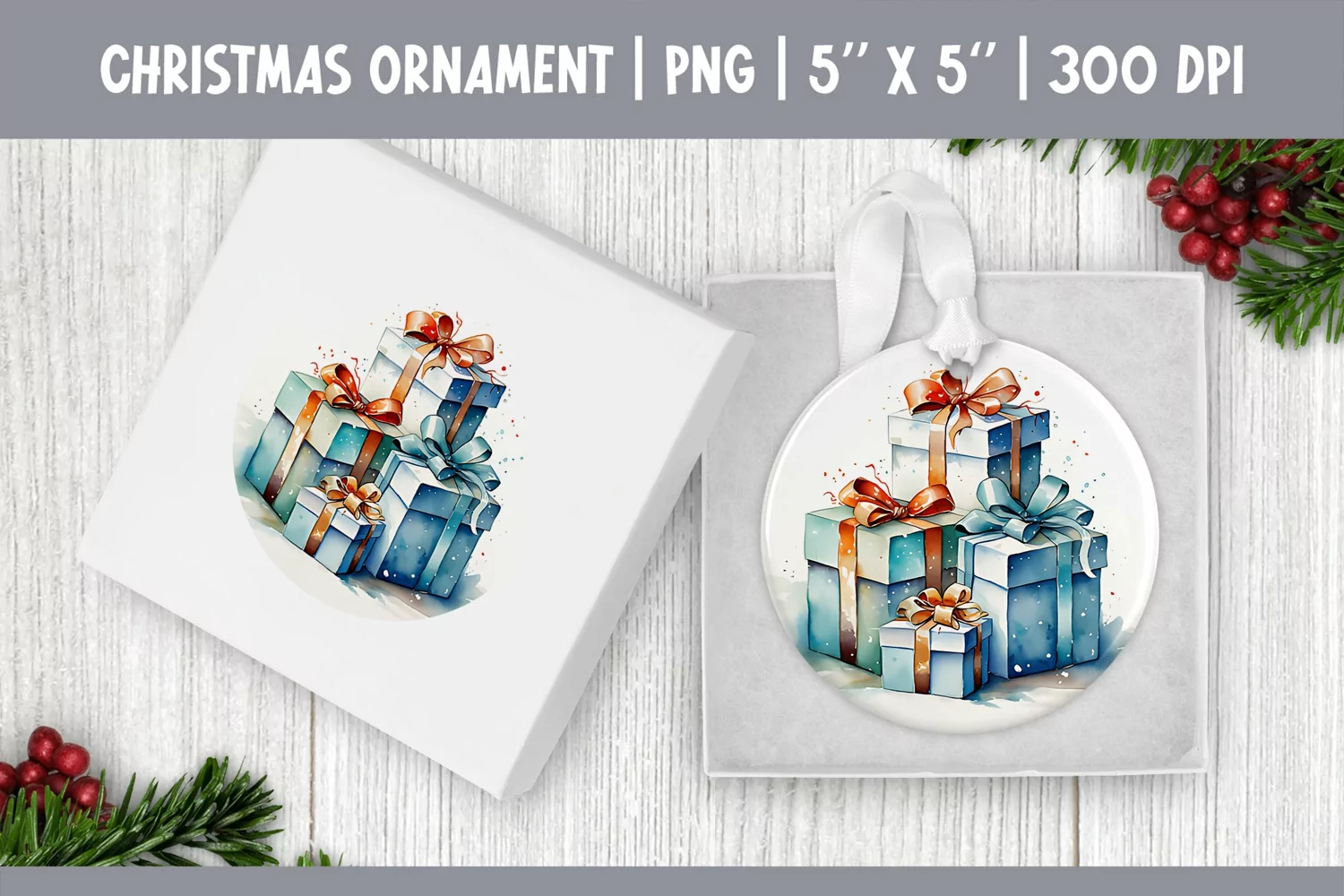 Watercolor Christmas Gift Box | Ornament Sublimation Design product image 1