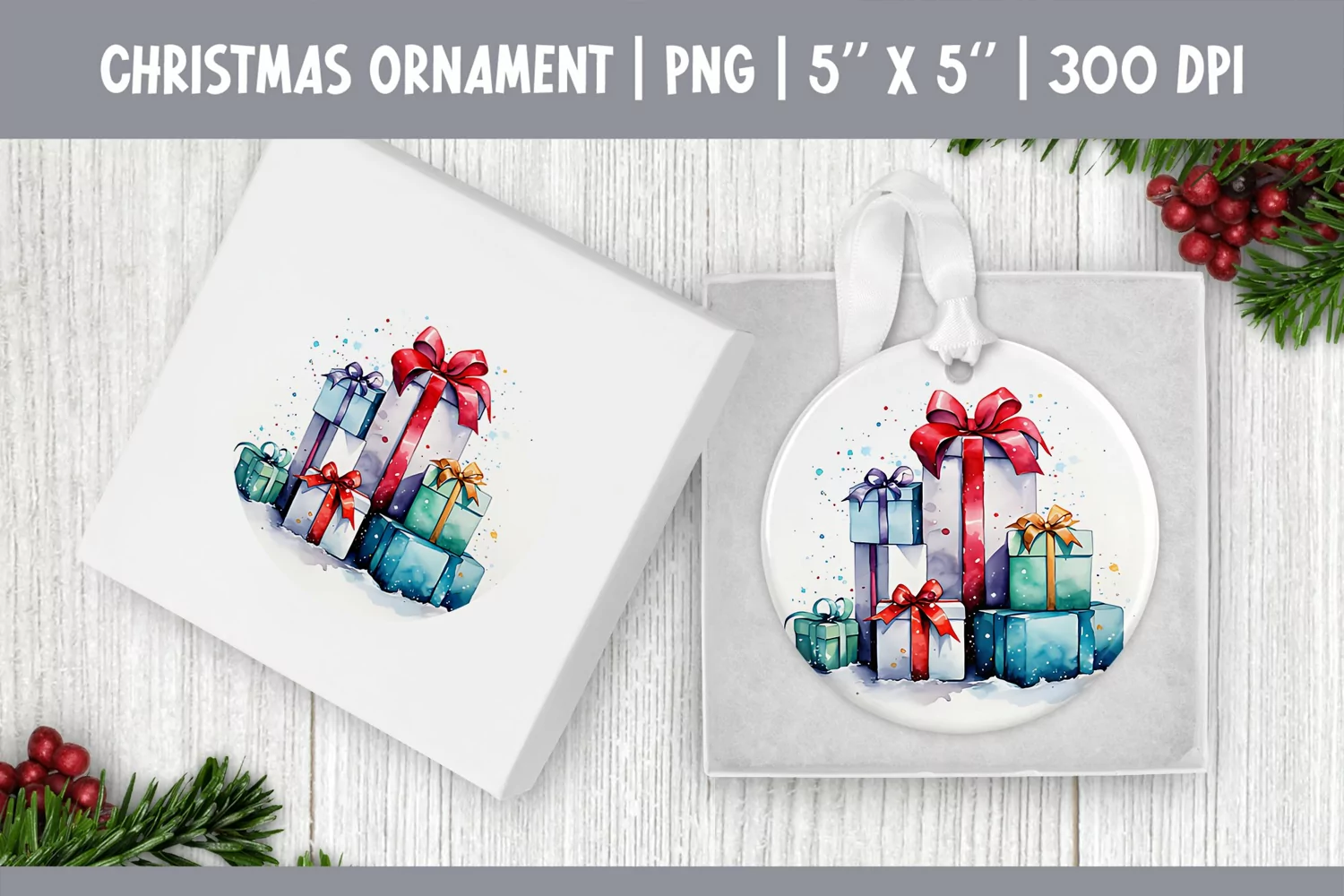 Watercolor Christmas Gift Box | Ornament Sublimation Design product image 1