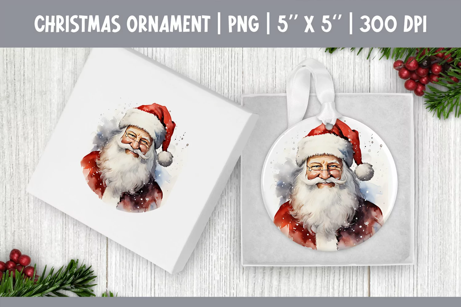 Watercolor Christmas Santa Claus | Ornament Sublimation PNG product image 1