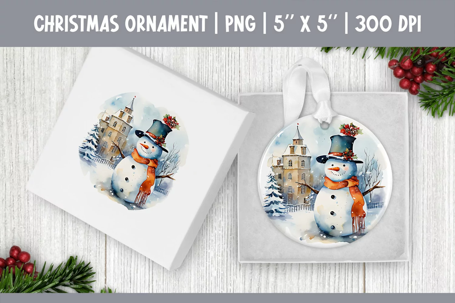 Watercolor Christmas Snowman| Ornament Sublimation Design product image 1