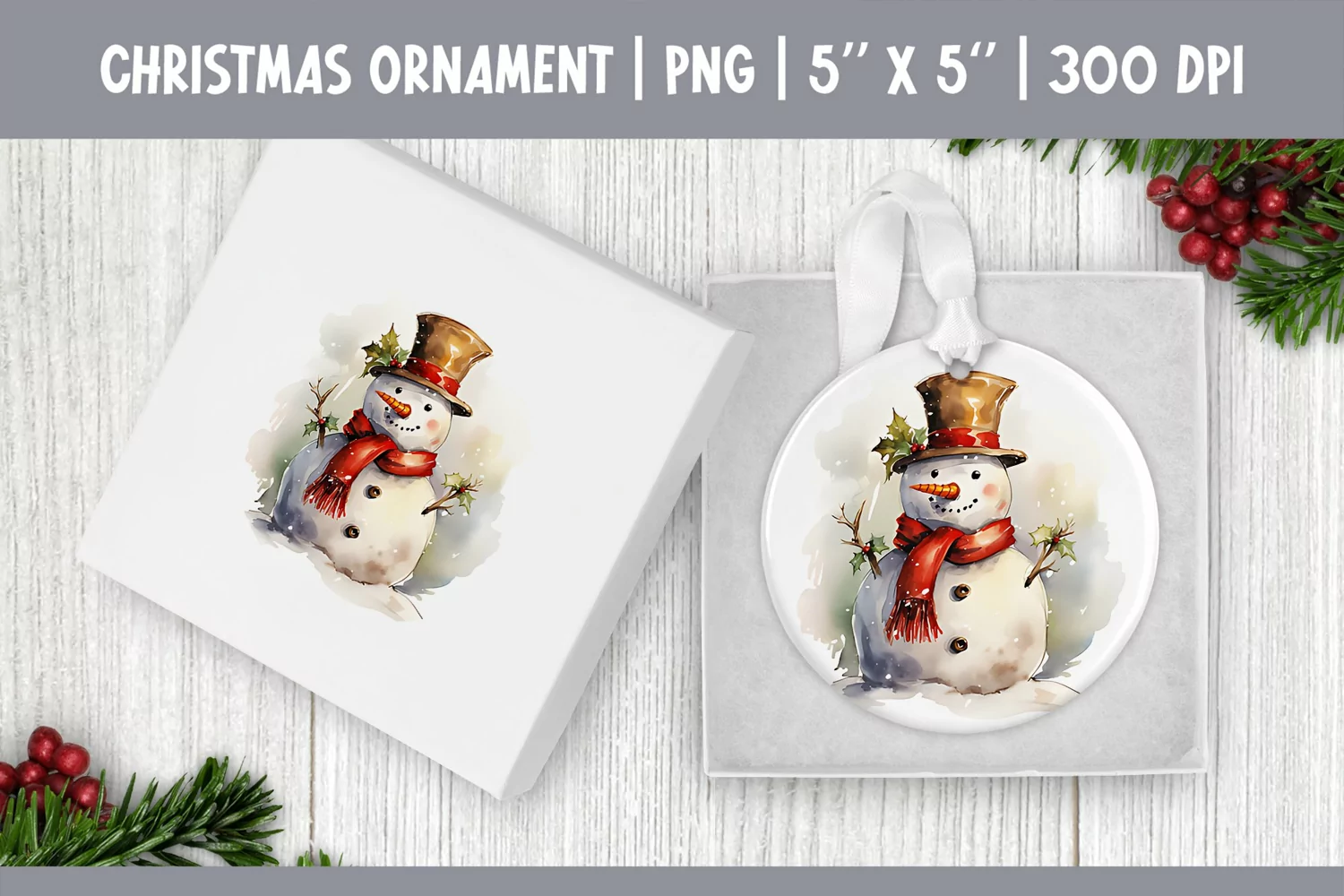 Watercolor Christmas Snowman| Ornament Sublimation Design product image 1