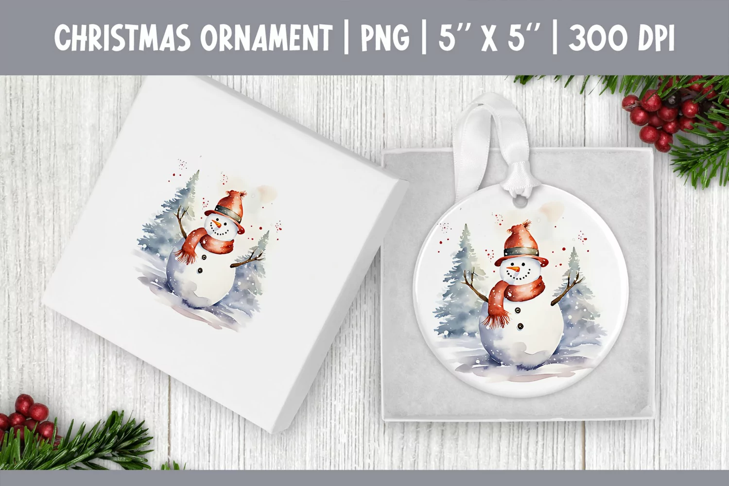 Watercolor Christmas Snowman| Ornament Sublimation Design product image 1