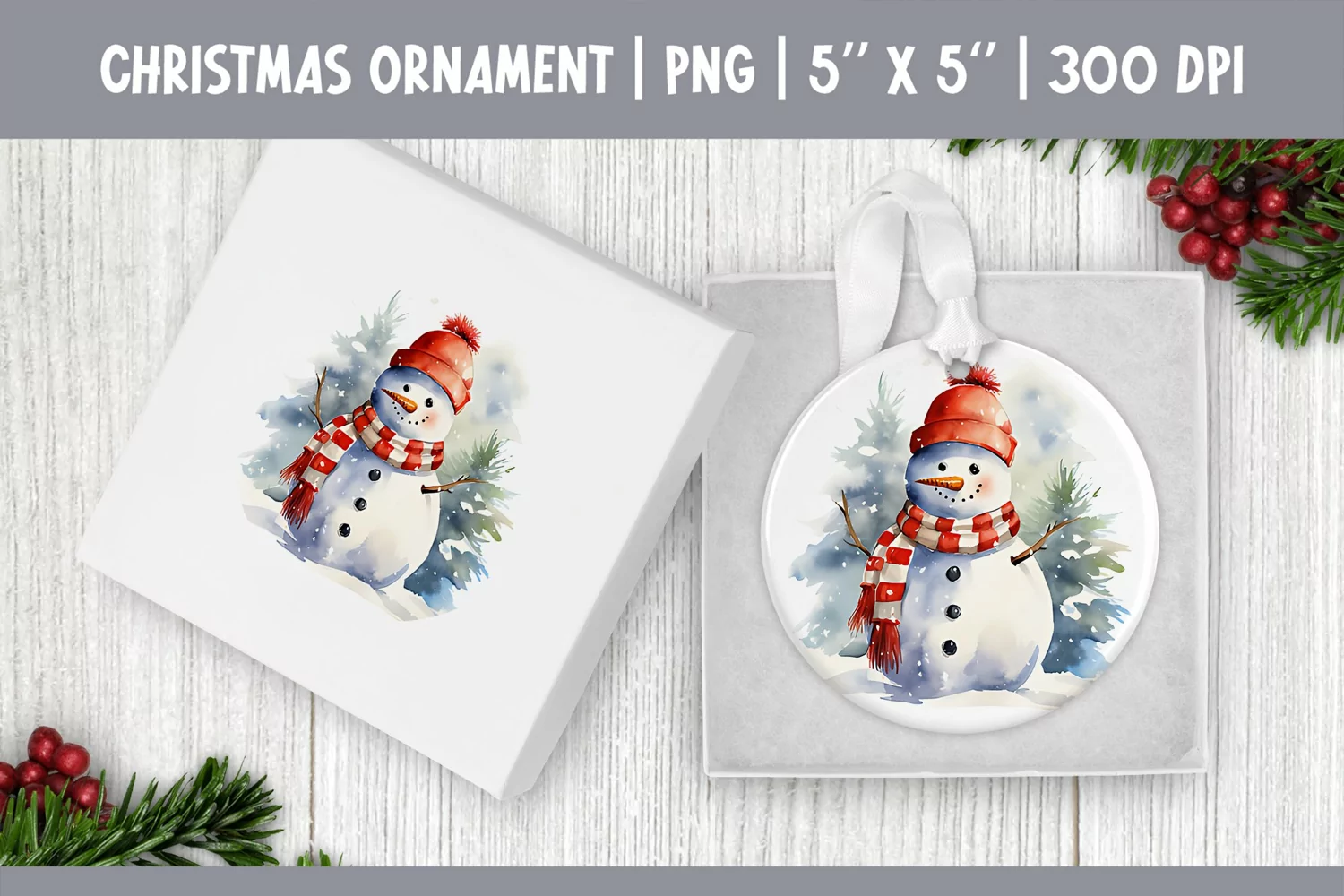 Watercolor Christmas Snowman| Ornament Sublimation Design product image 1