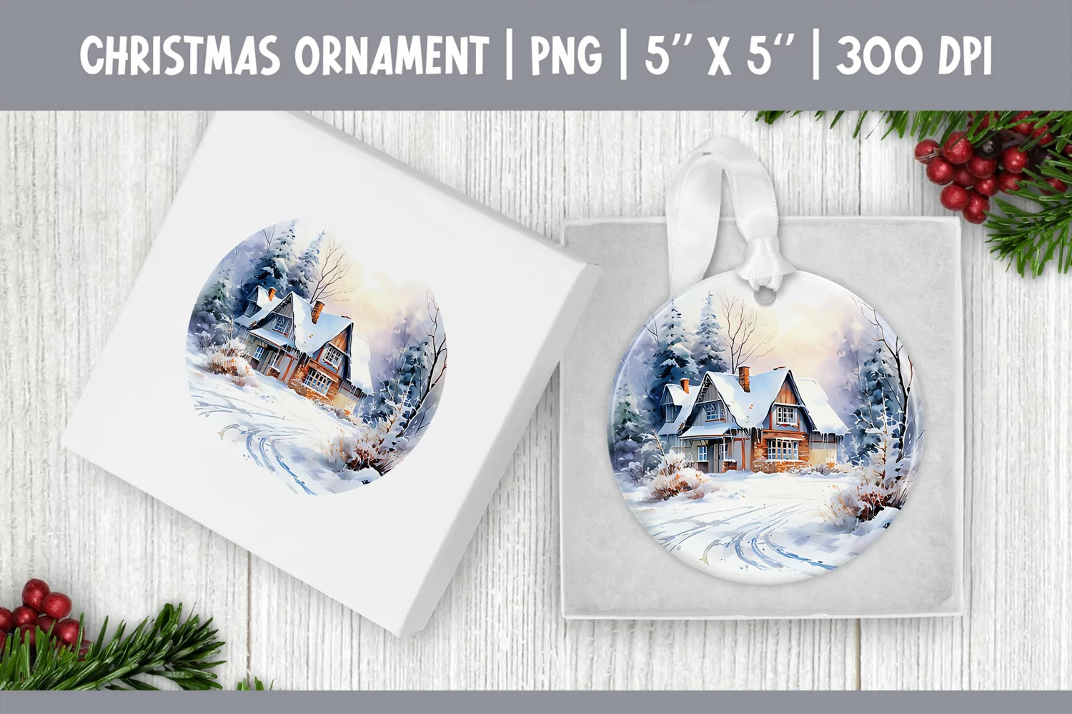 Watercolor Christmas House | Ornament Sublimation Design PNG product image 1