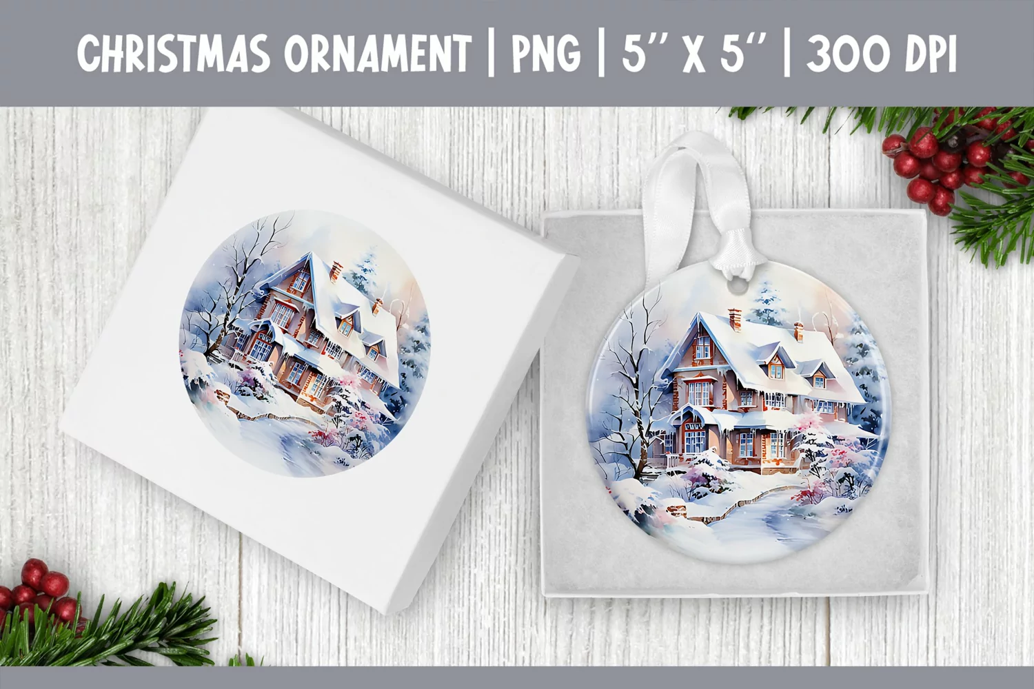Watercolor Christmas House | Ornament Sublimation Design PNG product image 1