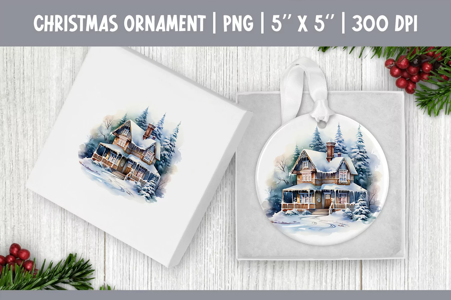 Watercolor Christmas House | Ornament Sublimation Design PNG product image 1