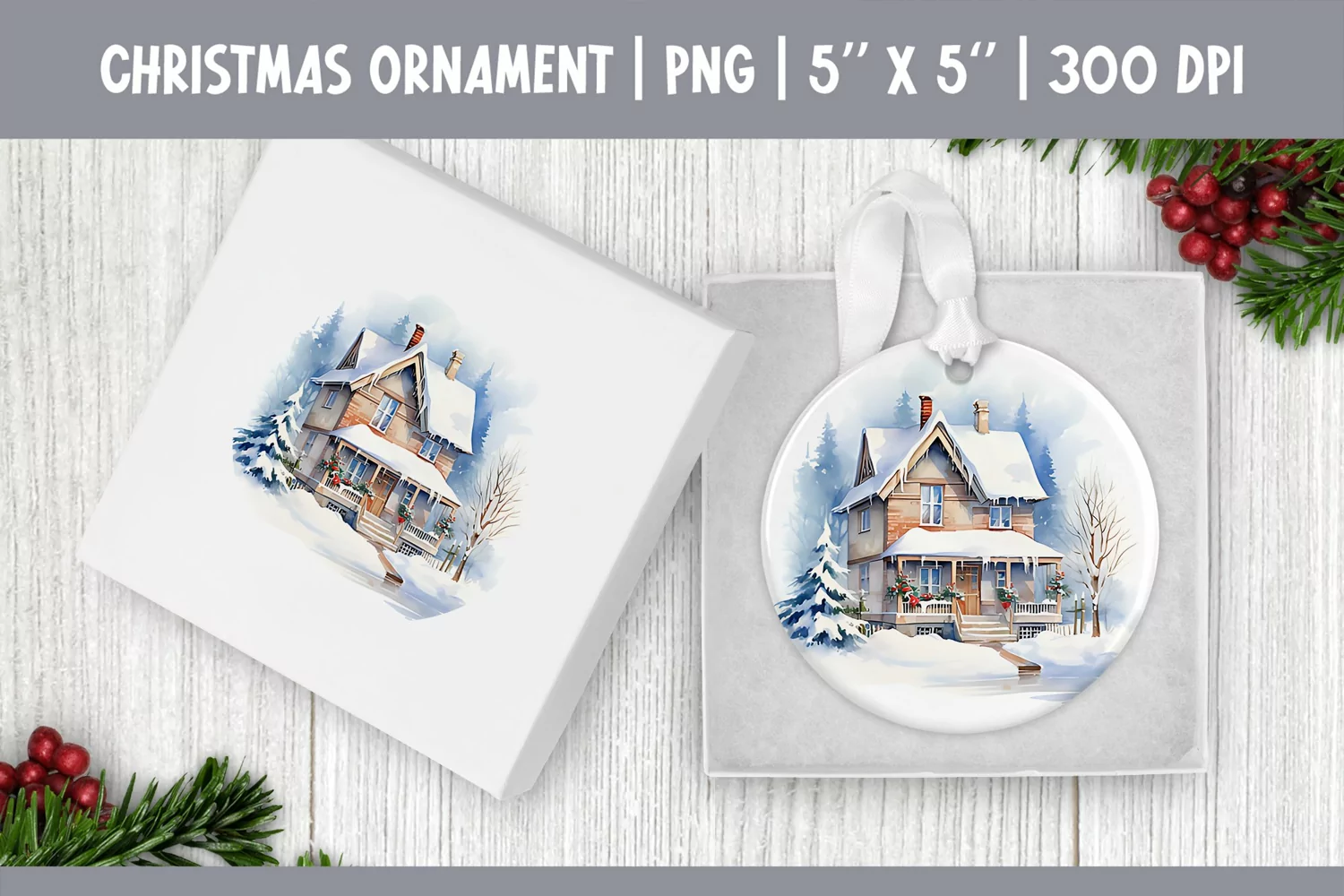 Watercolor Christmas House | Ornament Sublimation Design PNG product image 1