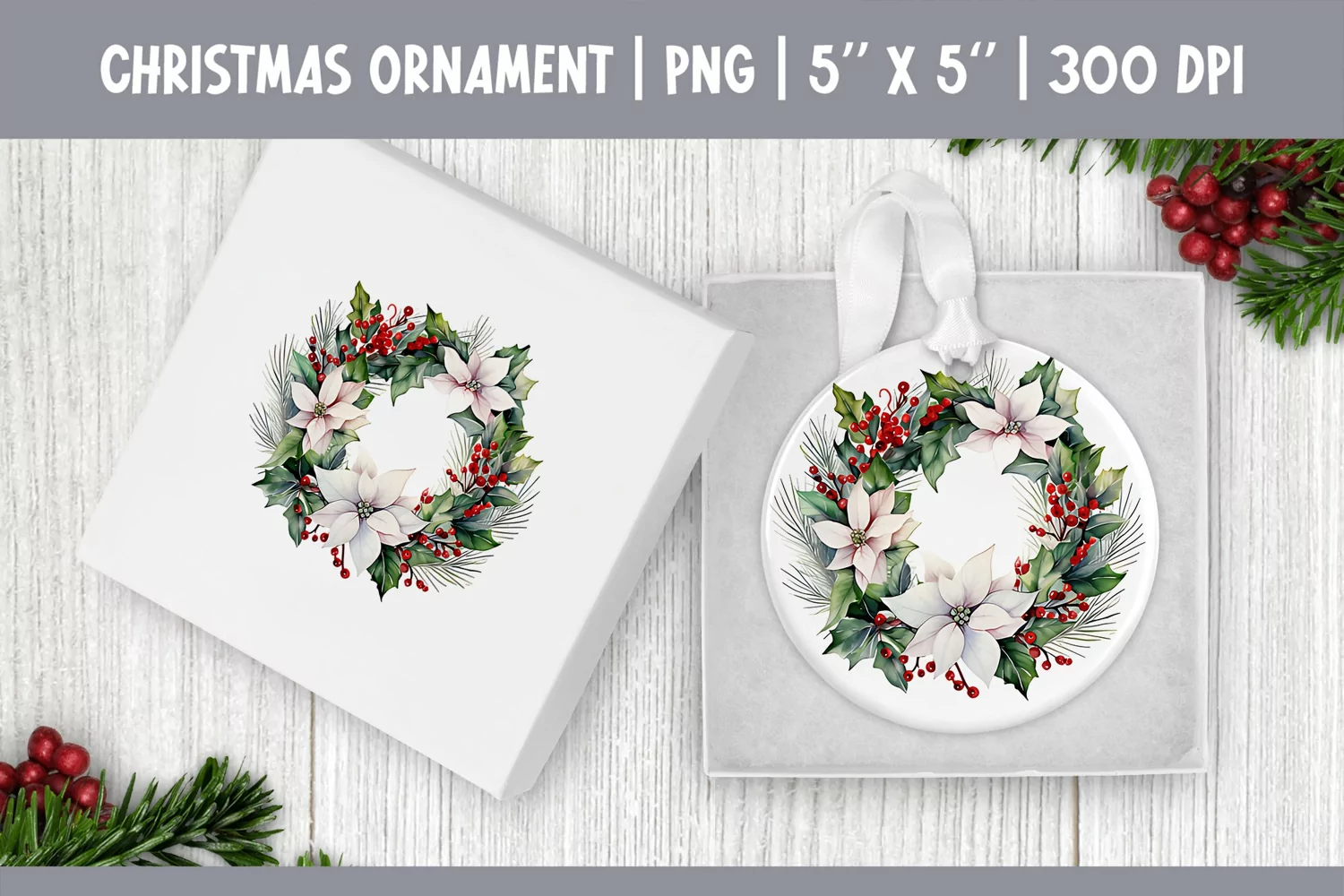 Watercolor Christmas Wreath| Ornament Sublimation Design PNG product image 1