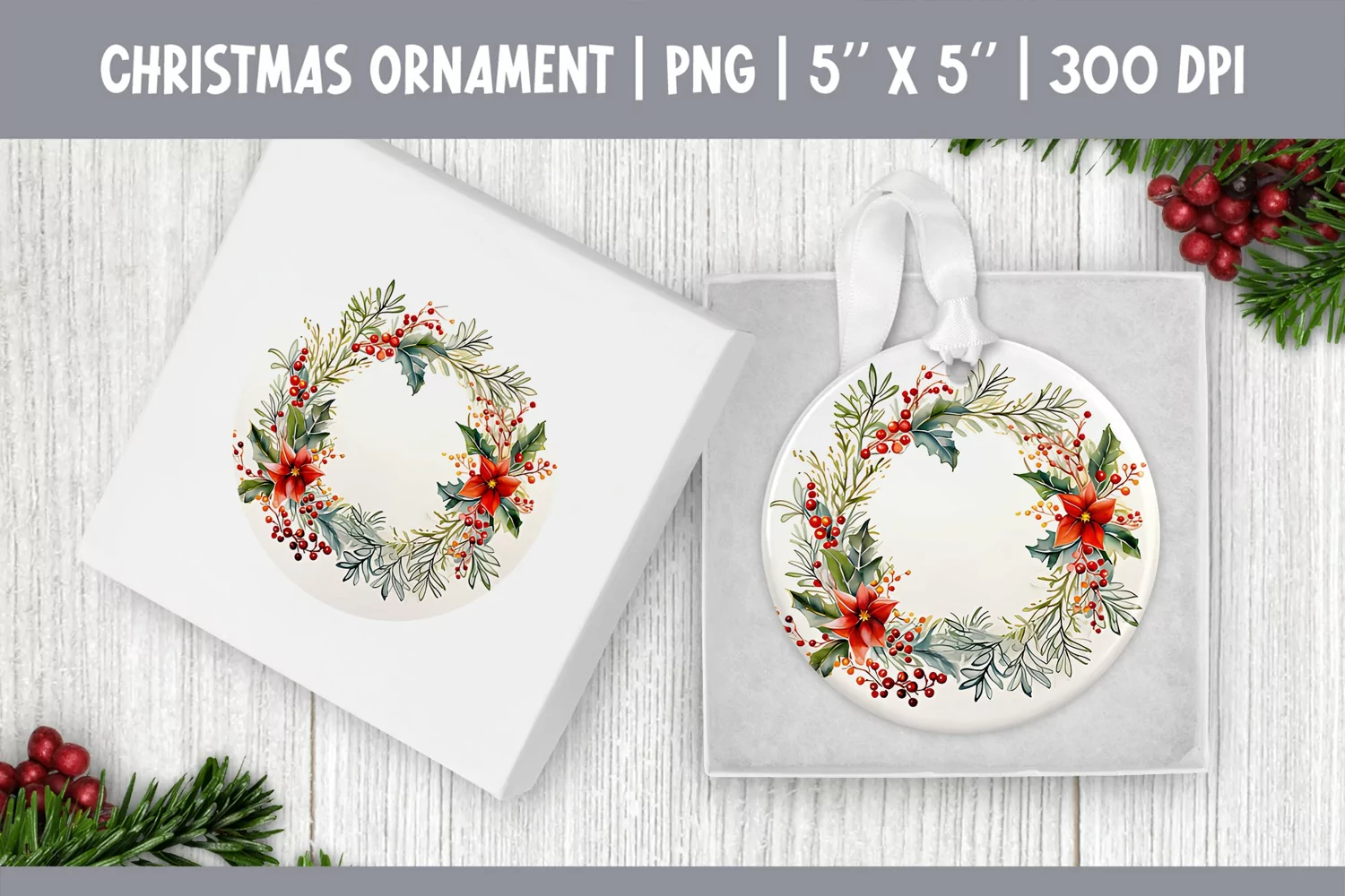 Watercolor Christmas Wreath| Ornament Sublimation Design PNG product image 1