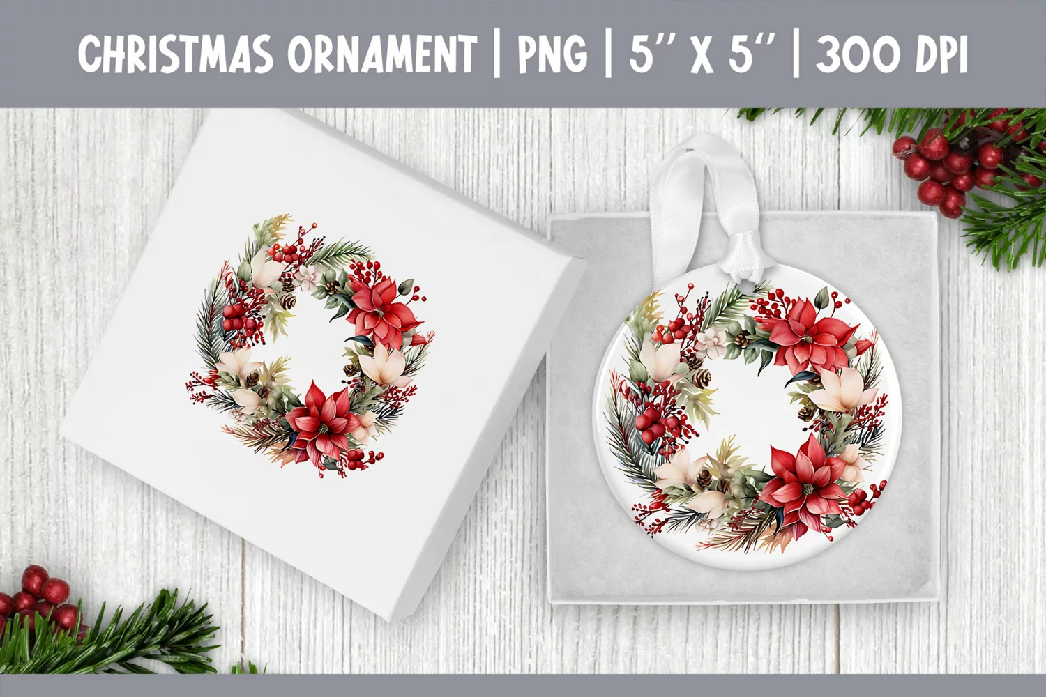 Watercolor Christmas Wreath| Ornament Sublimation Design PNG product image 1