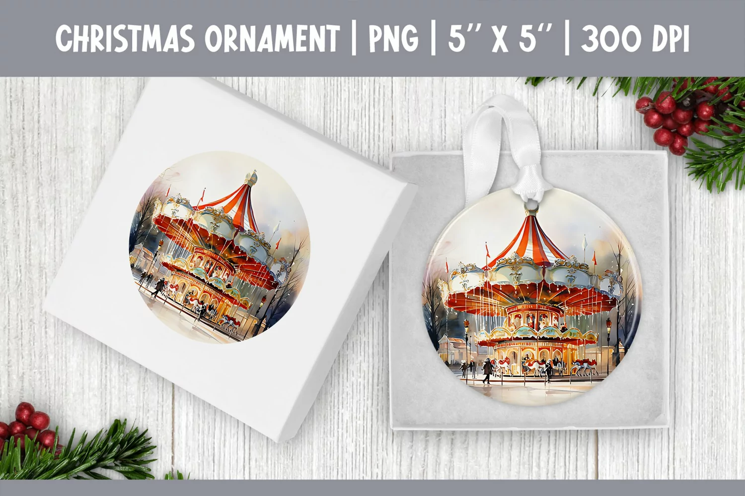 Watercolor Christmas carousel | Ornament Sublimation Design product image 1