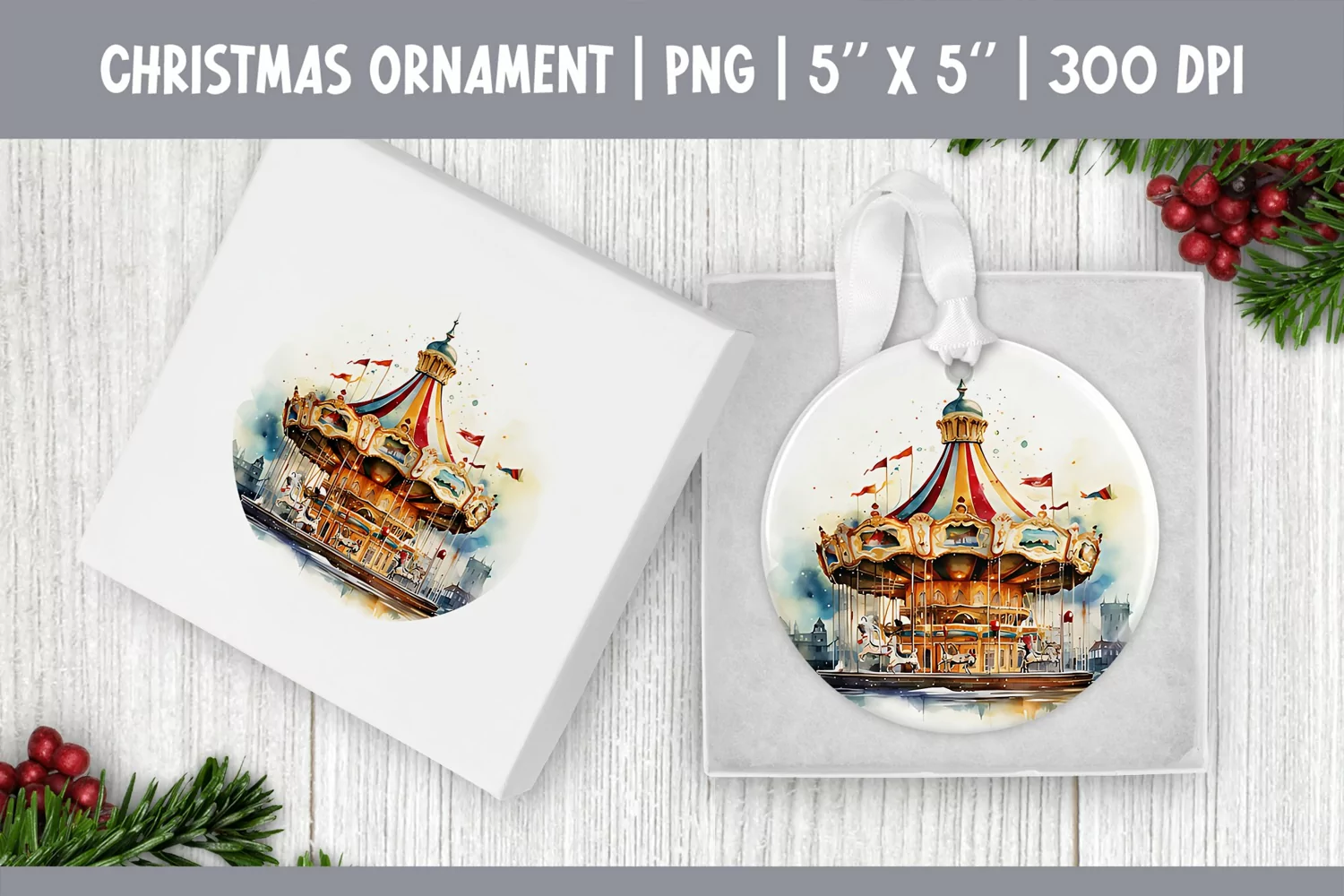 Watercolor Christmas carousel | Ornament Sublimation Design product image 1