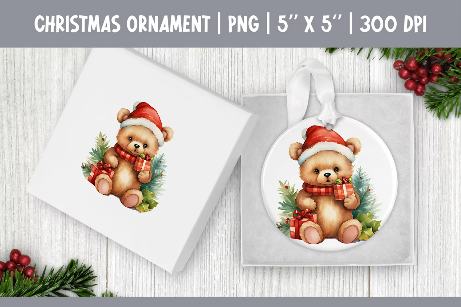 Watercolor Christmas Bear Ornament Sublimation Design PNG product image 1
