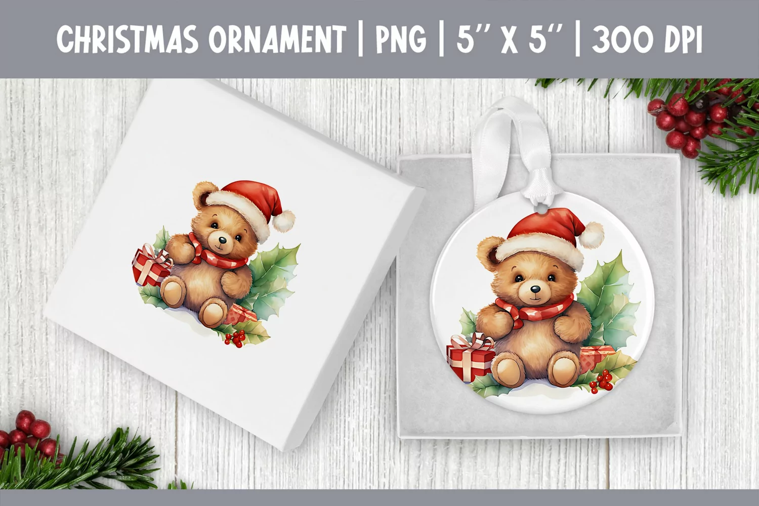 Watercolor Christmas Bear Ornament Sublimation Design PNG product image 1