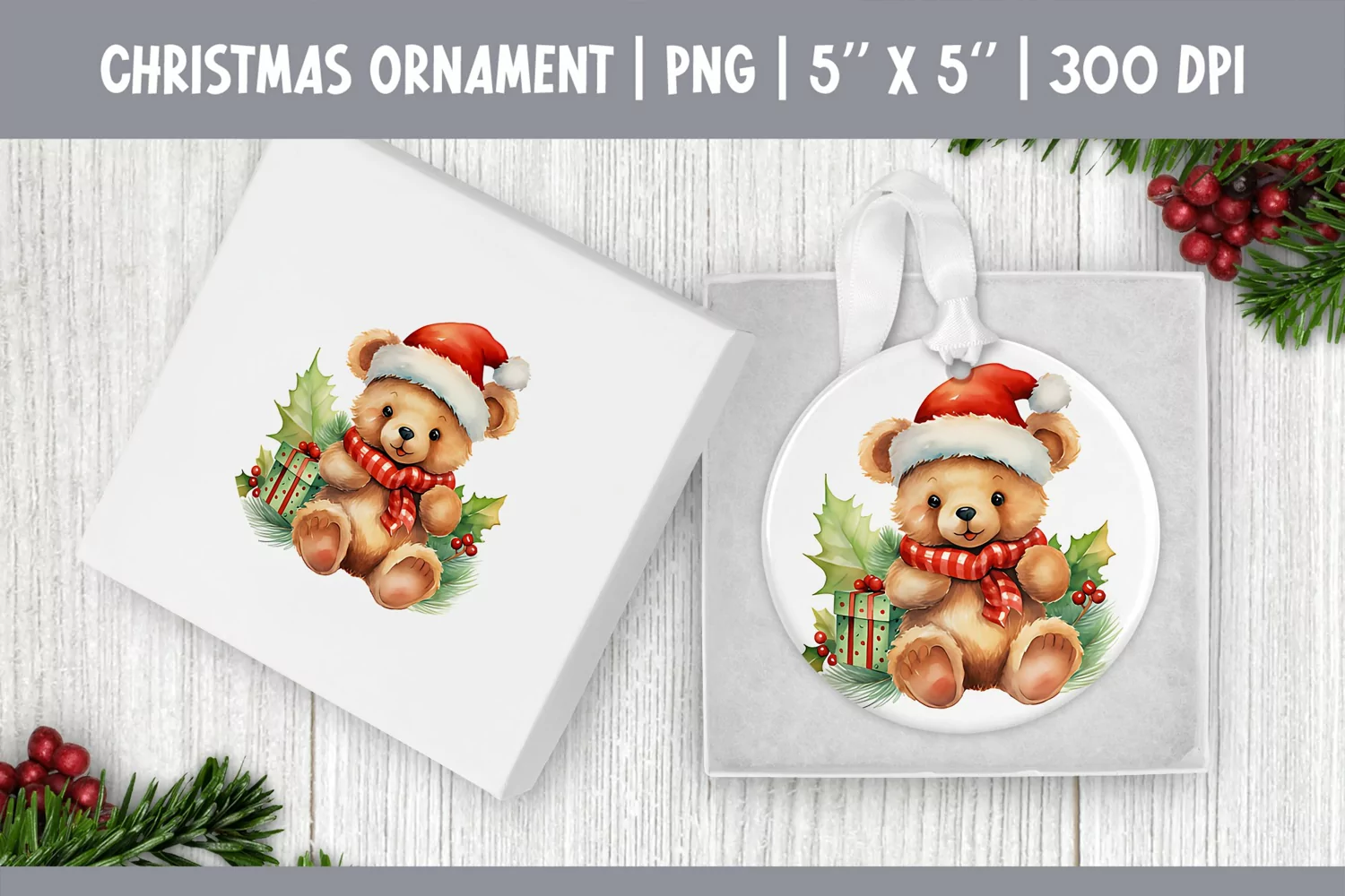 Watercolor Christmas Bear Ornament Sublimation Design PNG product image 1