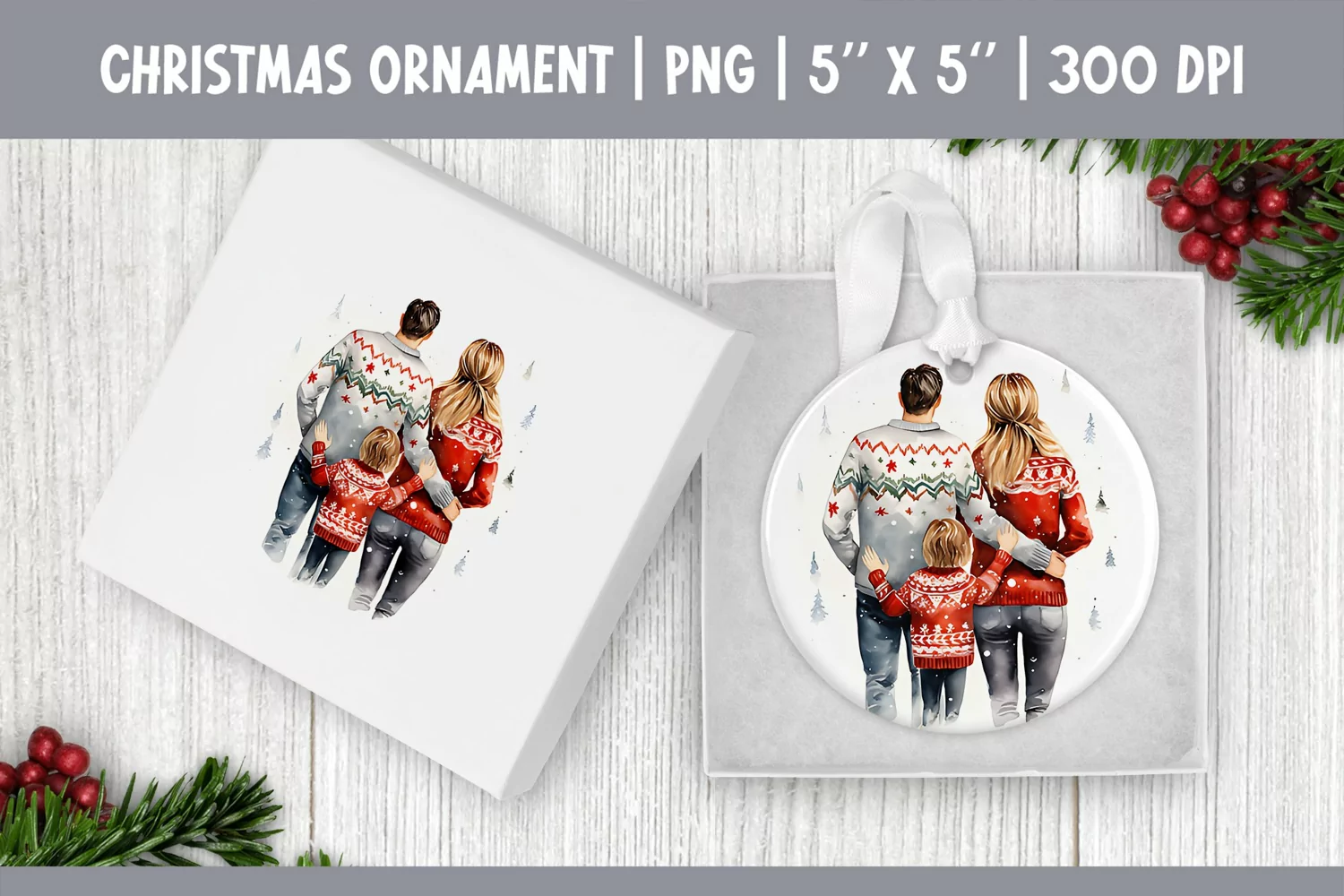 Watercolor Christmas Family Ornament Sublimation Design PNG product image 1