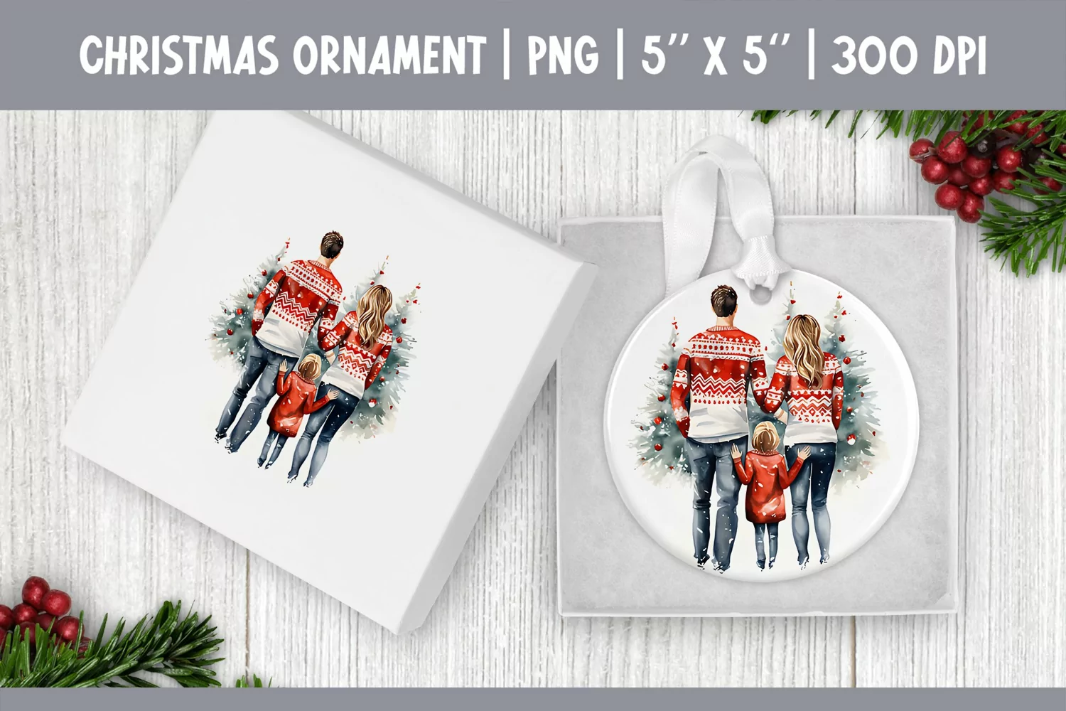 Watercolor Christmas Family Ornament Sublimation Design PNG product image 1