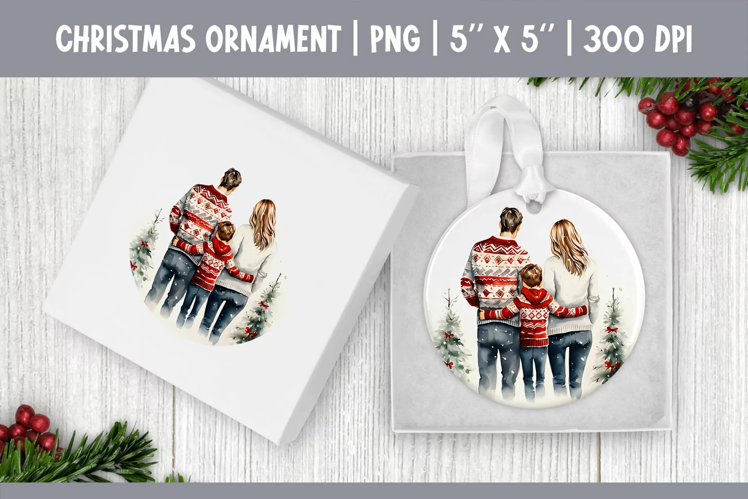 Watercolor Christmas Family Ornament Sublimation Design PNG product image 1