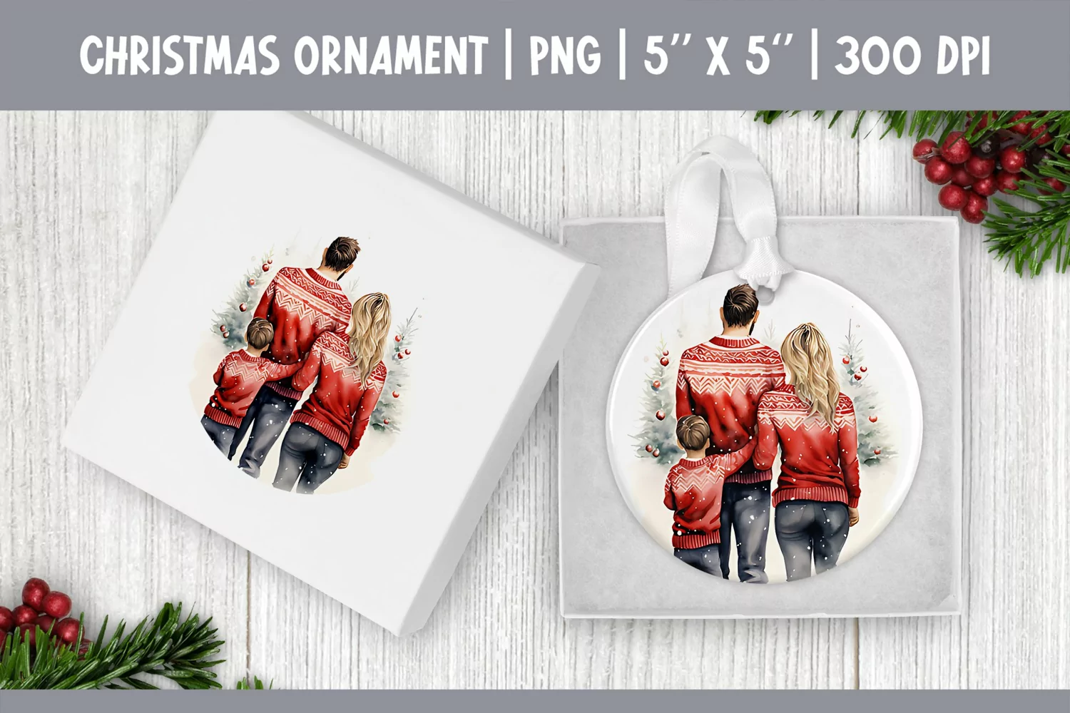 Watercolor Christmas Family Ornament Sublimation Design PNG product image 1