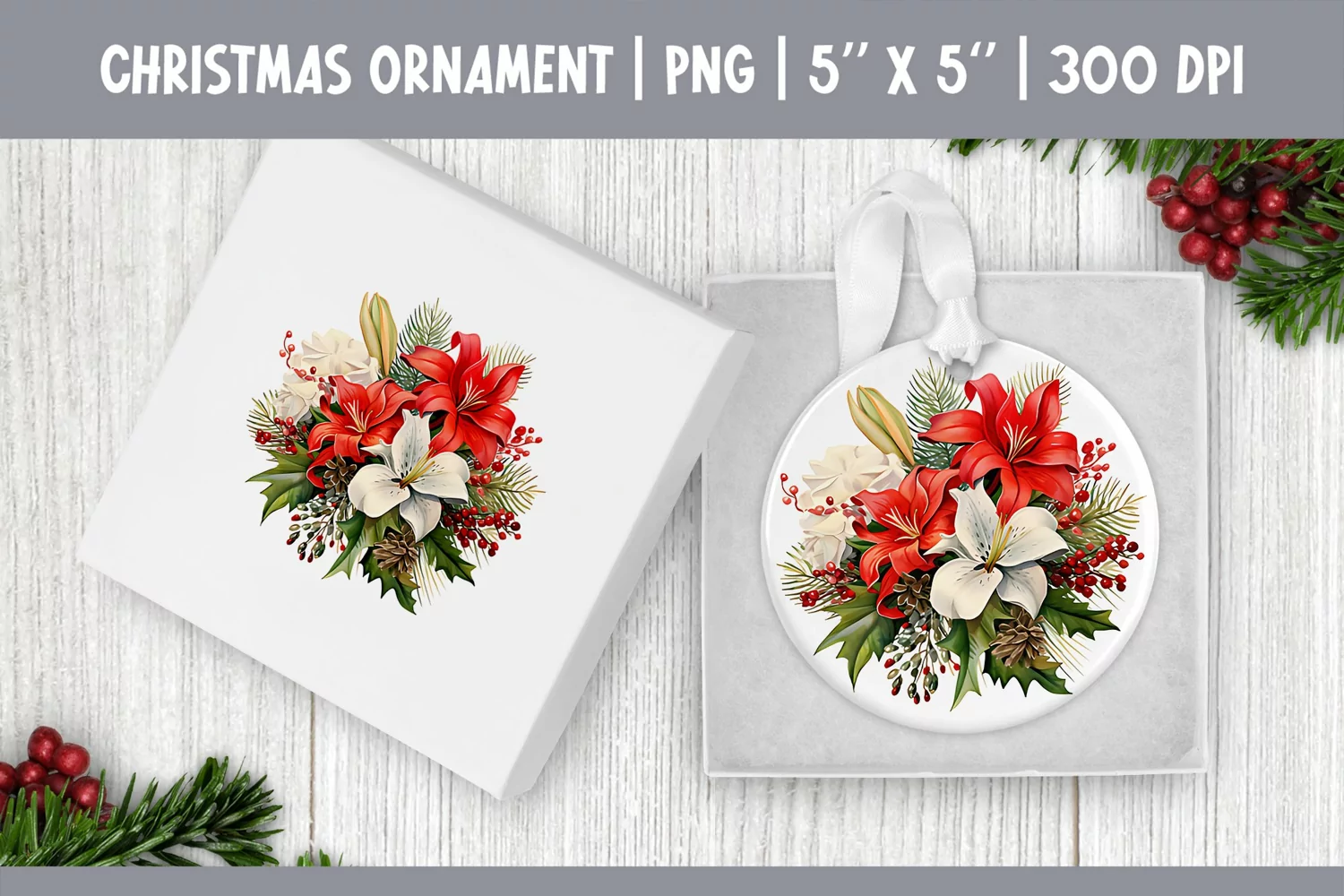 Watercolor Christmas Flowers Ornament Sublimation Design PNG product image 1