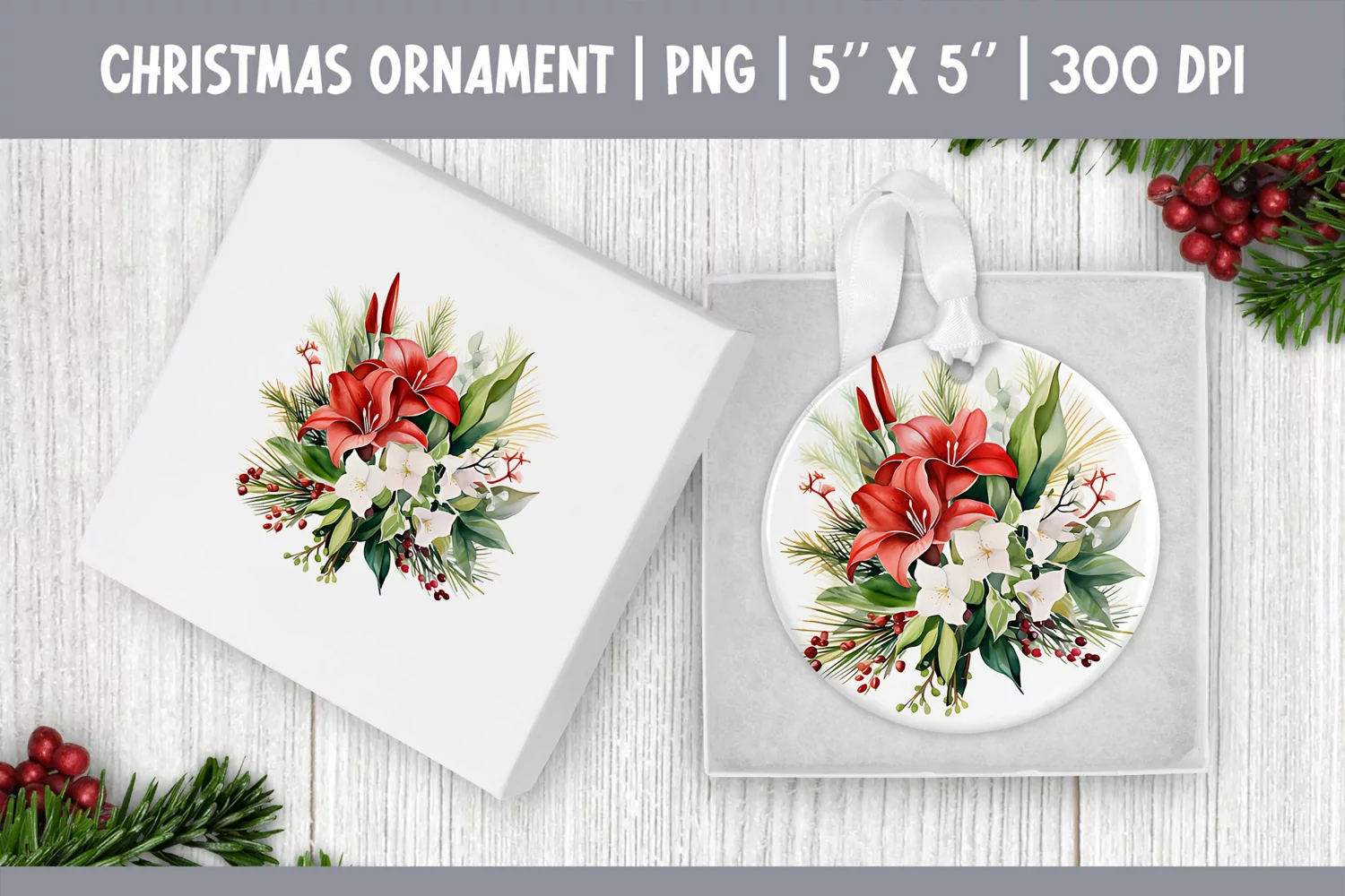 Watercolor Christmas Flowers Ornament Sublimation Design PNG product image 1