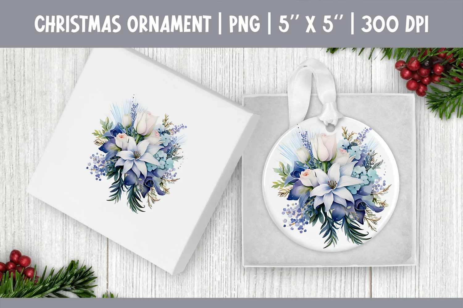 Watercolor Christmas Flowers Ornament Sublimation Design PNG product image 1