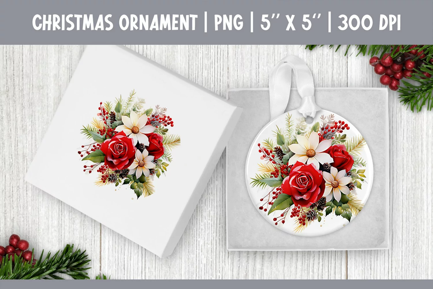 Watercolor Christmas Flowers Ornament Sublimation Design PNG product image 1