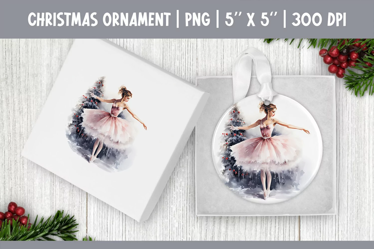 Watercolor Christmas Ballerina Ornament Sublimation Design product image 1