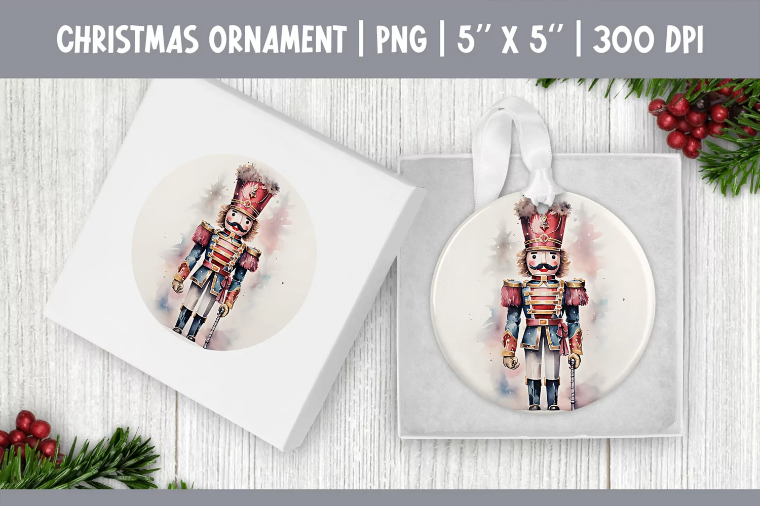 Watercolor Christmas Nutcracker Ornament Sublimation Design product image 1