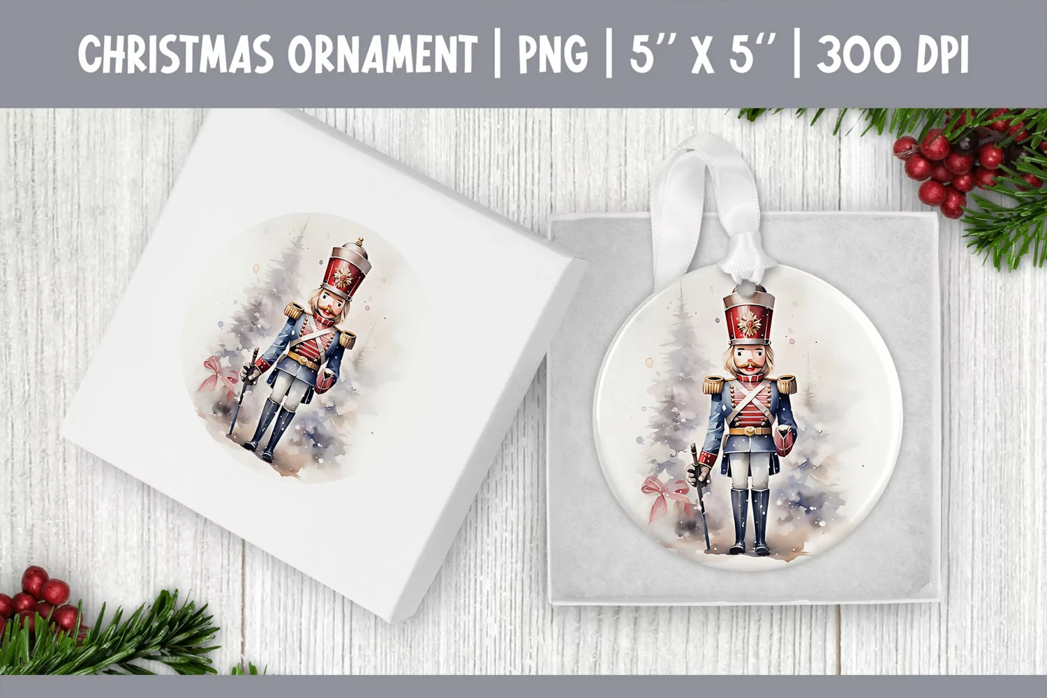 Watercolor Christmas Nutcracker Ornament Sublimation Design product image 1