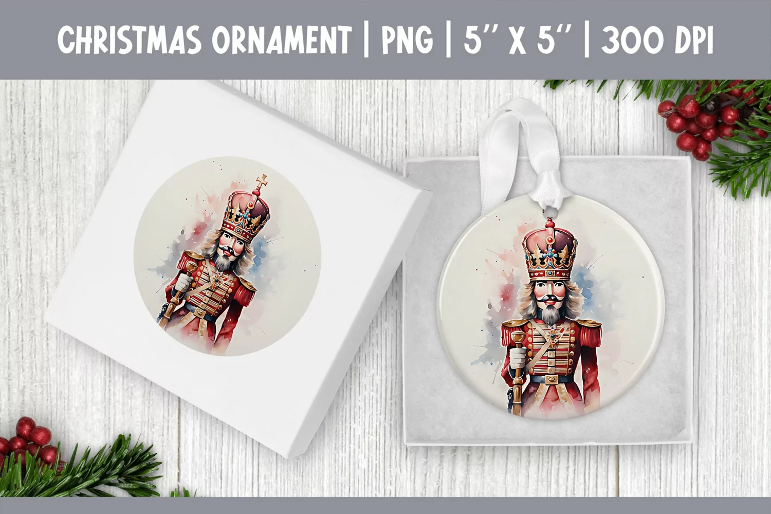 Watercolor Christmas Nutcracker Ornament Sublimation Design product image 1