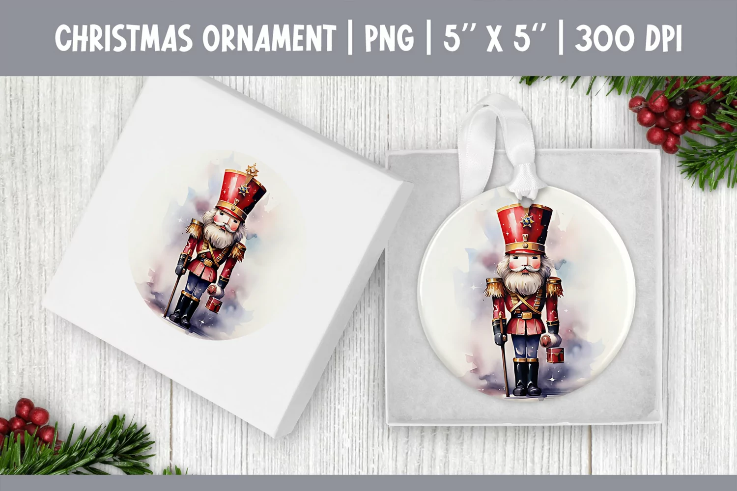 Watercolor Christmas Nutcracker Ornament Sublimation Design product image 1