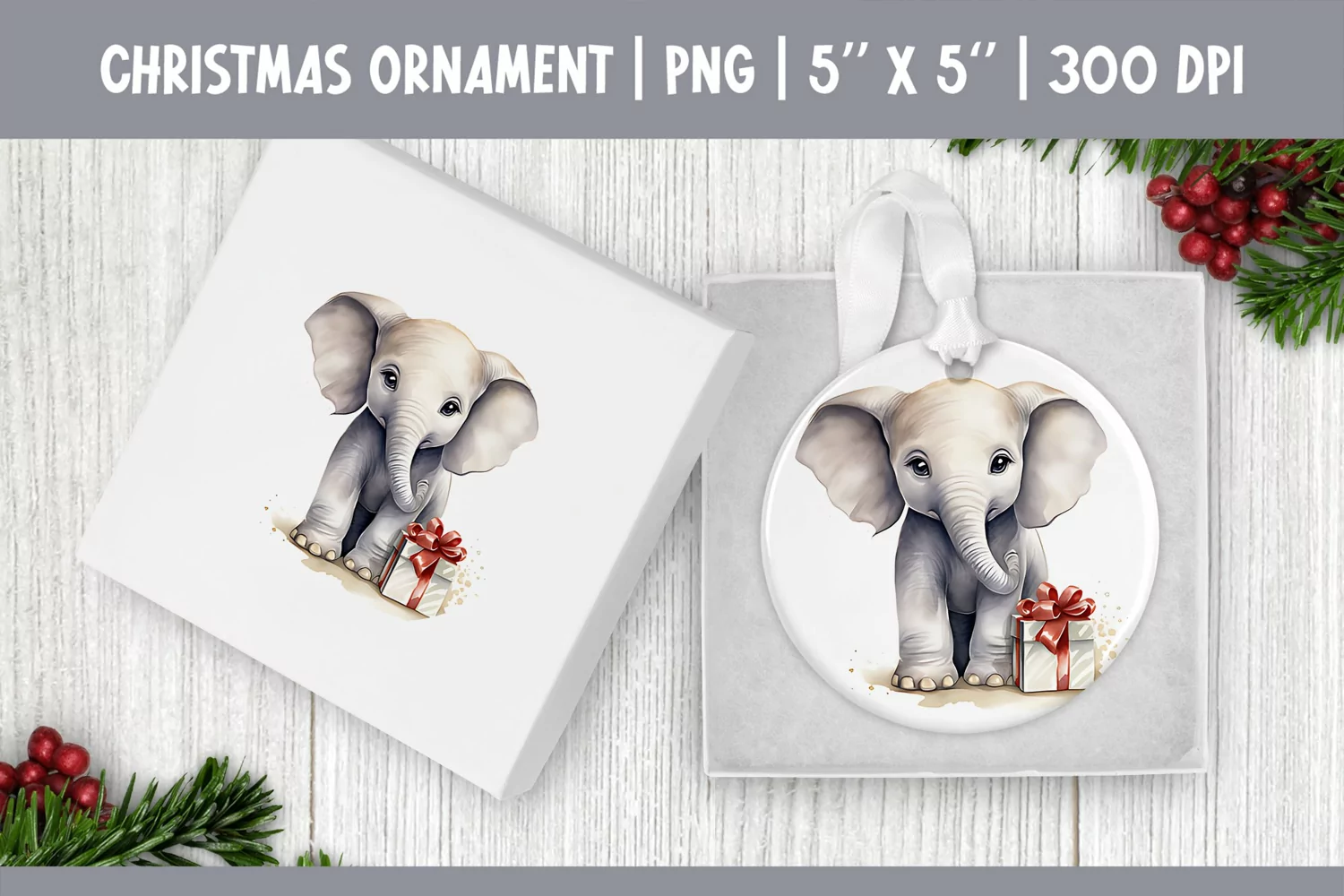 Watercolor Christmas Elephant Ornament Sublimation Design product image 1