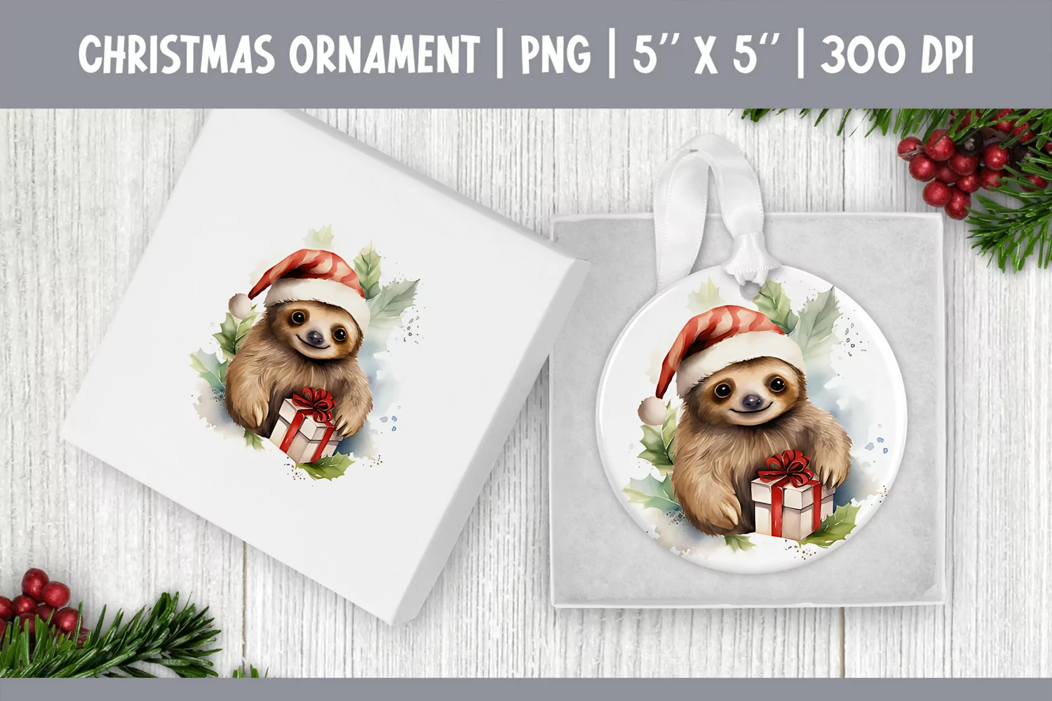 Watercolor Christmas Sloth Ornament Sublimation Design PNG product image 1