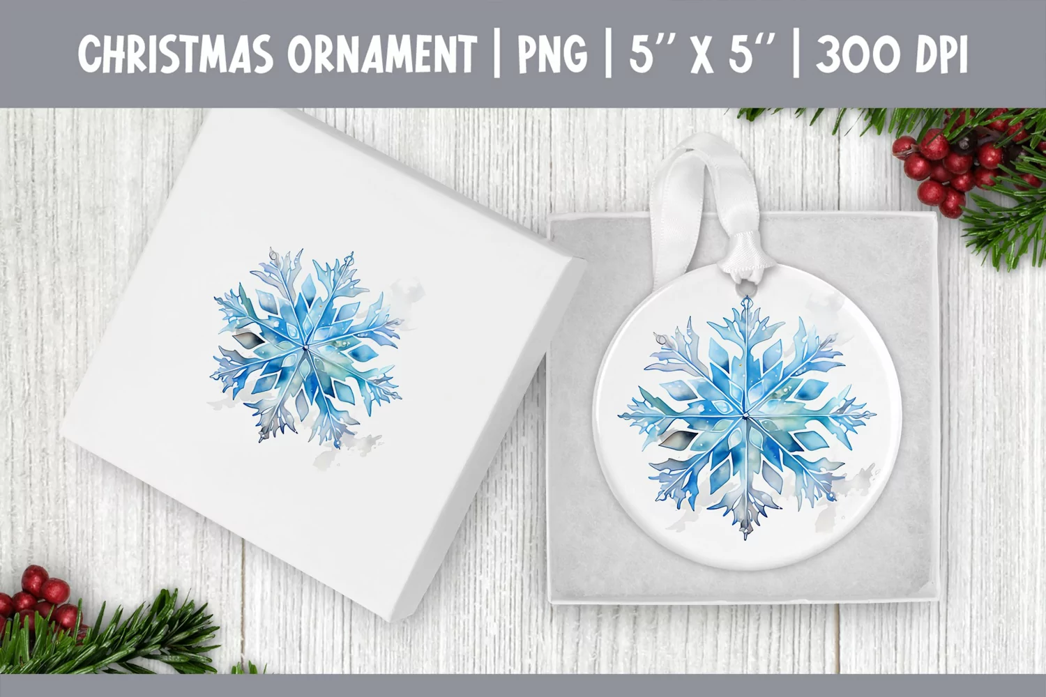 Watercolor Christmas Snowflake Ornament Sublimation Design product image 1