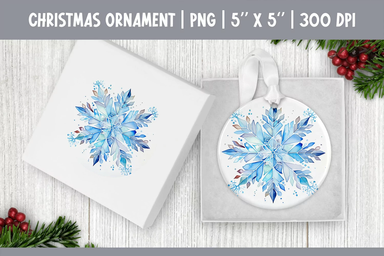 Watercolor Christmas Snowflake Ornament Sublimation Design product image 1
