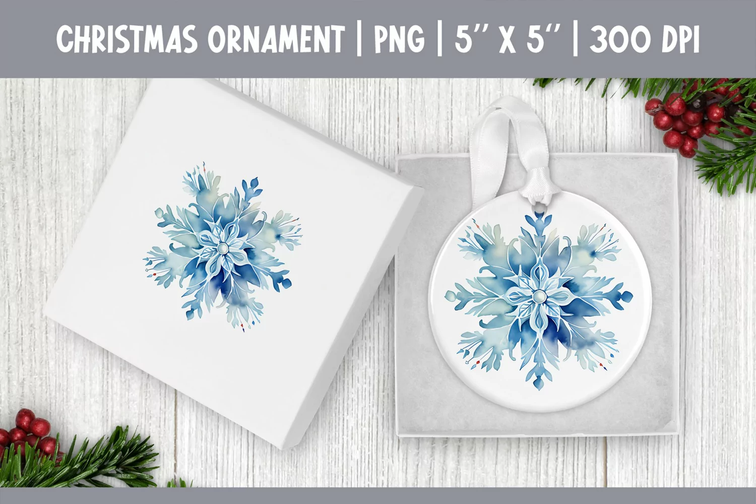 Watercolor Christmas Snowflake Ornament Sublimation Design product image 1