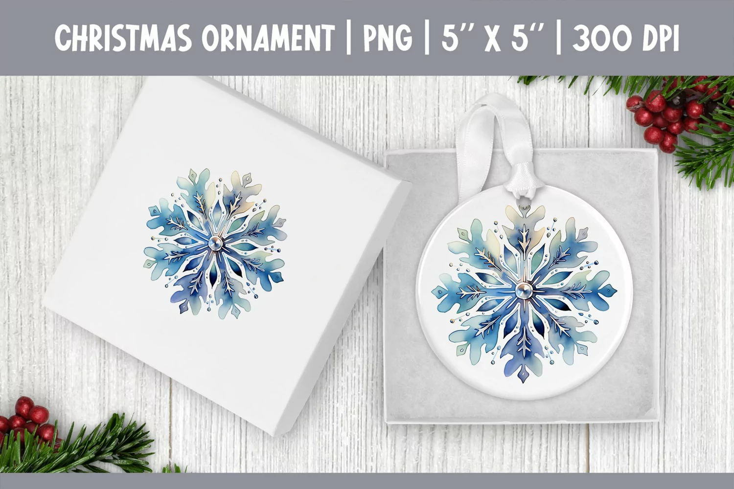 Watercolor Christmas Snowflake Ornament Sublimation Design product image 1