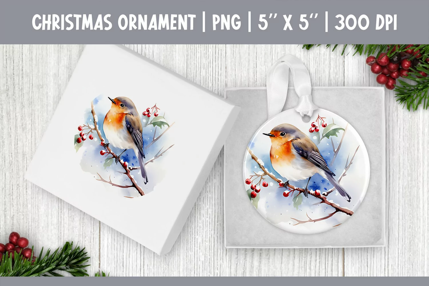 Watercolor Christmas Bird Ornament Sublimation Design PNG product image 1