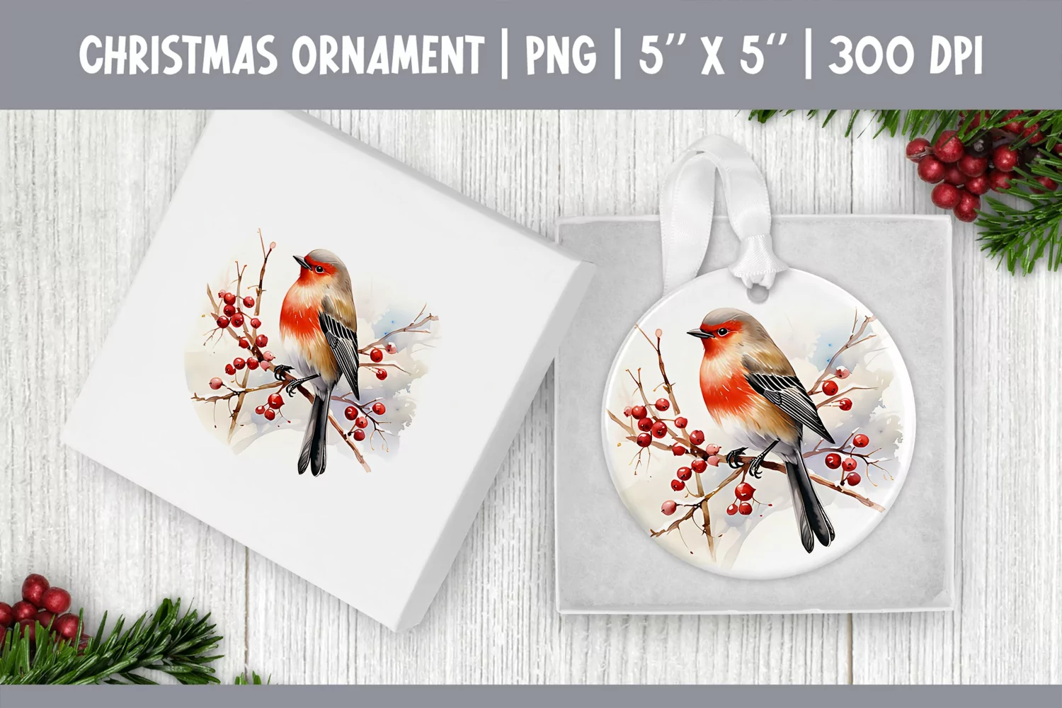 Watercolor Christmas Bird Ornament Sublimation Design PNG product image 1
