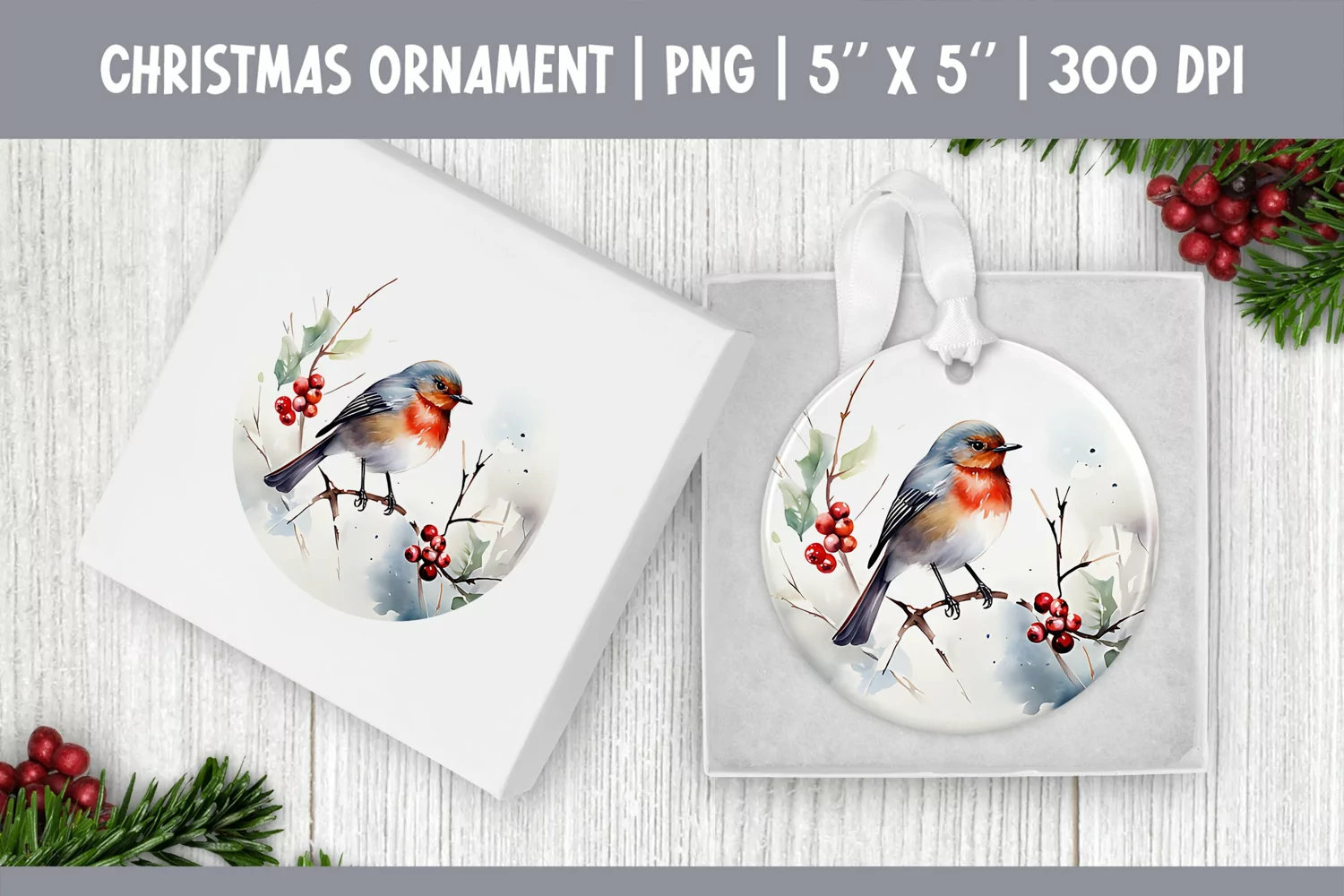 Watercolor Christmas Bird Ornament Sublimation Design PNG product image 1