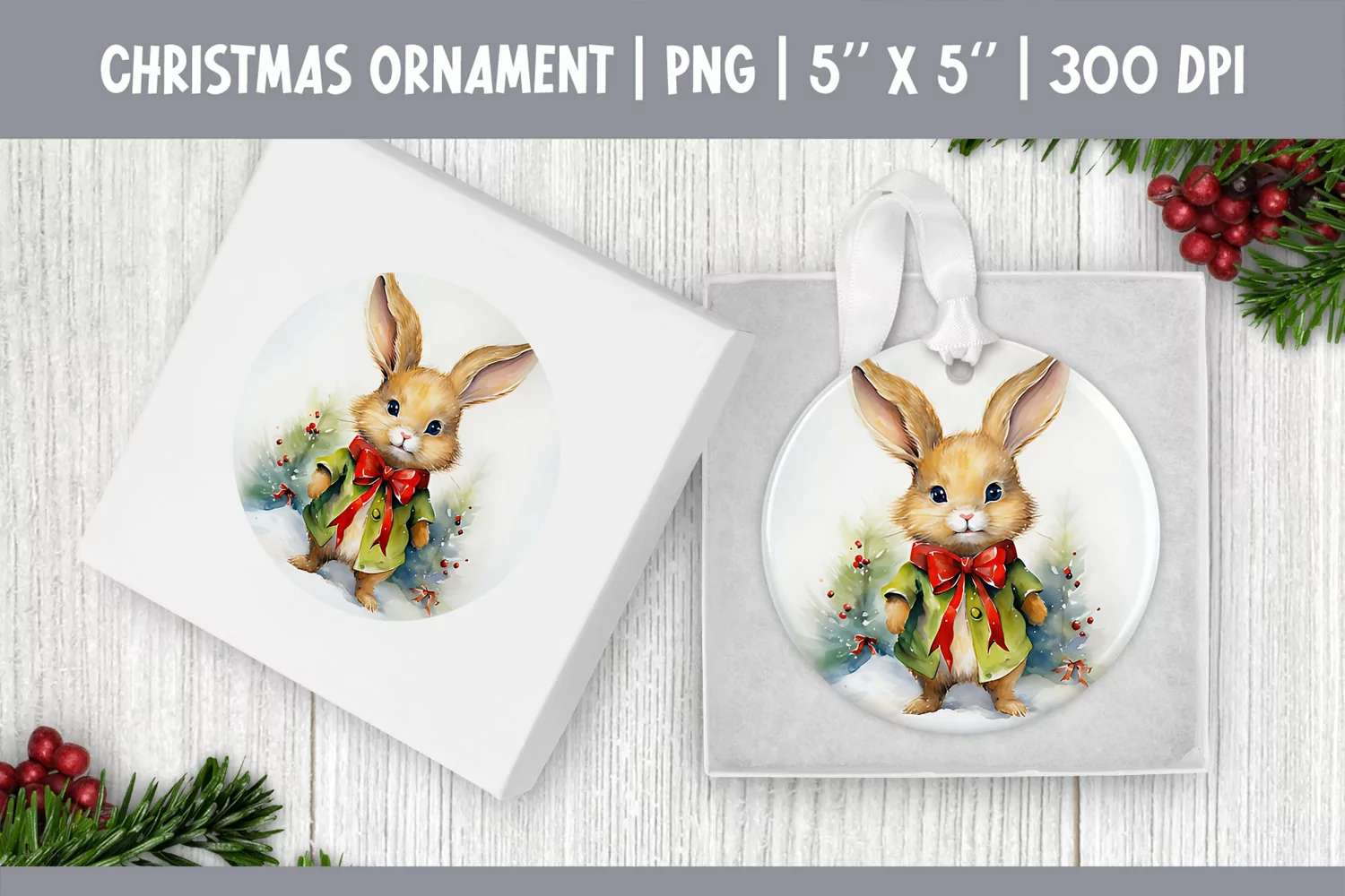 Watercolor Christmas Rabbit Ornament Sublimation Design PNG product image 1